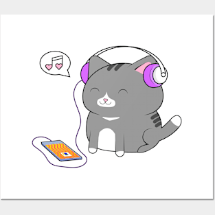 Cat listening to tunes Posters and Art